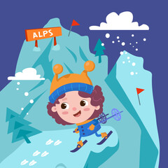Cute boy is skiing in blue, orange clothes. Winter holidays in the Alps. Funny character in a mountain landscape. Vector illustration.