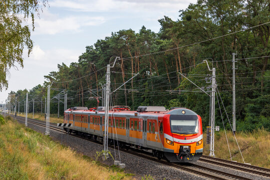 Zmodernizowany pociąg osobowy przejeżdża przez las
