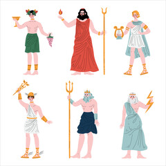 Hades, Dionysus, Apollo, Hermes, Poseidon, Zeus Olympian Greek Gods. Ancient Greece mythology heroes set vector illustration