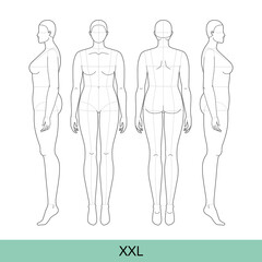 Set of XXL Women Fashion template 9 nine head size Croquis plus size Lady model with main lines Curvy body figure front, side, back view. Vector outline sketch girl for Fashion Design, Illustration