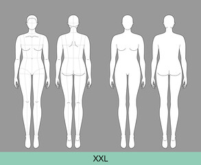 Set of XXL Women Fashion template 9 nine head size Croquis plus size Lady model Curvy body figure front, back view. Vector outline sketch girl for Fashion Design, Illustration, technical drawing