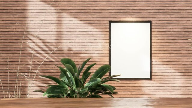 Wood table background with sunlight window create leaf shadow on wall with blur indoor green plant foreground. mockup for photo frame with wooden wall background, 3D animation rendering