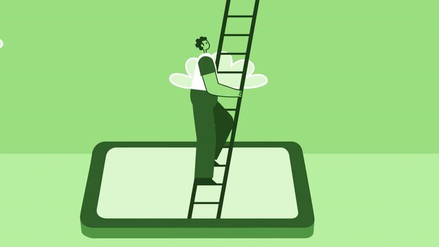 Green Style Man Flat Character Climb Up Ladder from Smartphone. Isolated Loop Animation with Alpha Channel