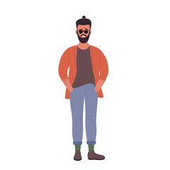 Fototapeta na wymiar Confident hipster with hands in pockets. Standing model pose vector illustration