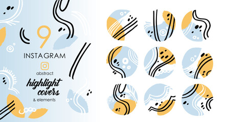 Set of abstract round covers for Instagram or design. Creative hand drawn texture spots and lines isolated. Product design, blog, web design.