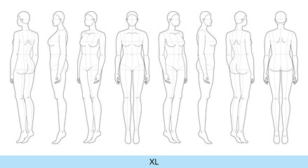 Set of XL Women Fashion template 9 nine head size Croquis plus size Lady model with main lines Curvy body figure front, side, 3-4, back view. Vector outline girl for Illustration, technical drawing