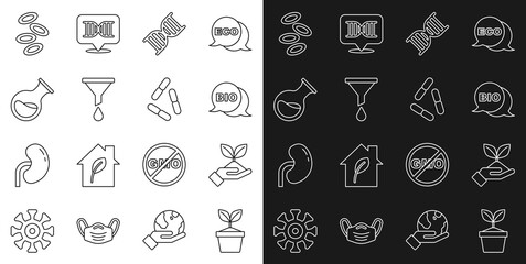 Set line Plant in pot, hand, Bio healthy food, DNA symbol, Funnel or filter, Test tube flask, Hemoglobin and Virus icon. Vector
