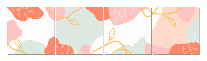 Set of banners, greeting cards, advertising posters, holiday covers. Trendy design with typography, hand-painted plants, pastel colors. Minimalist contemporary art style.