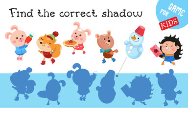 Find the correct shadow. Cute animal characters getting ready for Christmas. Educational game for children. Activity, vector illustration.