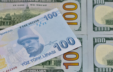 various country banknotes. photos of us dollar and turkish lira