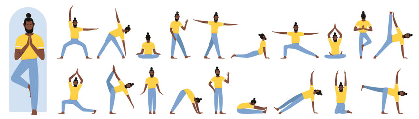 African american black male yoga trainer poses in front, side and back view, pilates workout set vector illustration. Cartoon instructor training, man showing asanas meditation lessons