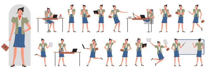 Busy business lady character in different situations and postures set vector illustration. Cartoon sad and happy female corporate worker, executive manager talking, showing poses isolated on white