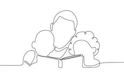 continuous single drawn one line dad reads book to his kids hand-drawn picture silhouette. Line art vector illustration