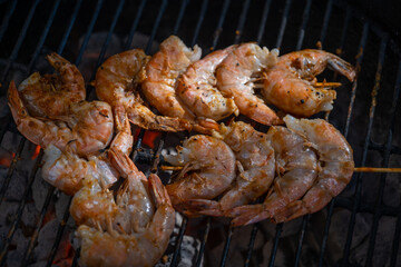 shrimp skewers on hot BBQ