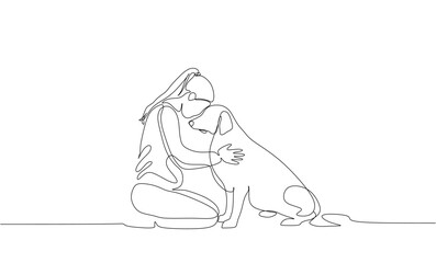 continuous line drawing of happy pet lover with dog vector illustration