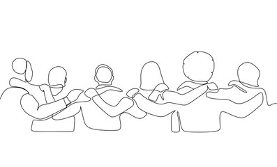 Single continuous line drawing about group of men and woman from multi ethnic standing and hugging together to show their unity bonding. Friendship concept one line draw design vector illustration
