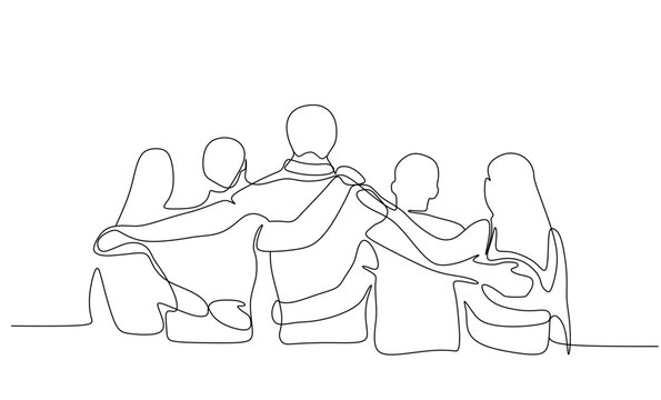 Single continuous line drawing about group of men and woman from multi ethnic standing and hugging together to show their unity bonding. Friendship concept one line draw design vector illustration