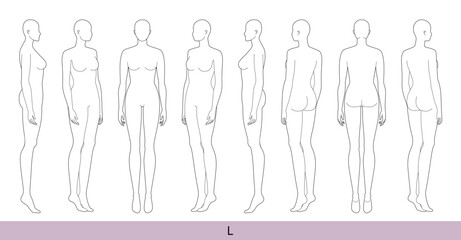 Set of L Women Fashion template 9 nine head size Croquis oversize Lady model Curvy body figure front, side, 3-4, back view. Vector sketch girl for Fashion Design, Illustration, technical drawing