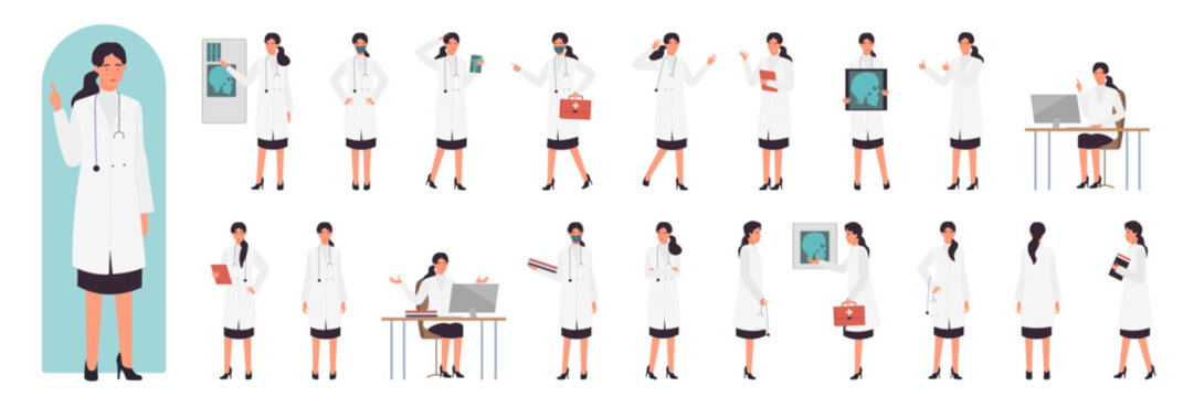 Female Doctor Poses Set Vector Illustration. Cartoon Posing Actions Of Woman Medical Worker Working In Hospital, Pointing To Xray Of Patients Skull, Holding First Aid Box Isolated On White. Concept