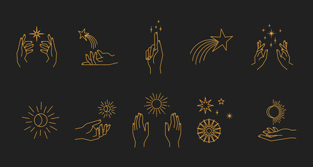 Aesthetic astral hands. Collection of cosmic and celestial elements with sun, moon and stars. Isolated editable linear vectors.