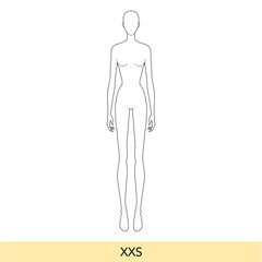 XXS size Women Fashion template 9 nine head size Croquis Lady model skinny body figure front view. Vector isolated sketch outline boy girl for Fashion Design, Illustration, technical drawing