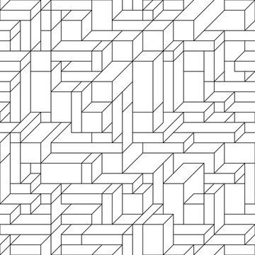 Seamless vector geometric black pattern of cubes and rectangles. Monochrome geometric pattern of lines in the form of cubes and rectangles.