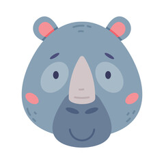 Head of rhinoceros baby cute wild animal. Nursery decoration, baby card or invitation design cartoon vector illustration
