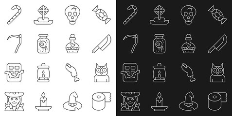 Set line Toilet paper roll, Owl bird, Knife, Skull, Eye in jar, Scythe, Christmas candy cane and Bottle with potion icon. Vector