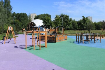 View of the playground in the city park.