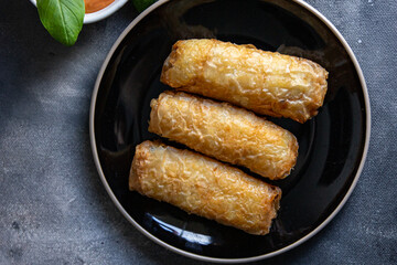 Nem food meat vegetable nems spicy sauce cuisine deep fried spring rolls fresh meal on the table copy space food background
