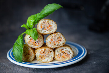 Nem food meat vegetable nems spicy sauce cuisine deep fried spring rolls fresh meal on the table copy space food background
