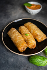 Nem food meat vegetable nems spicy sauce cuisine deep fried spring rolls fresh meal on the table copy space food background