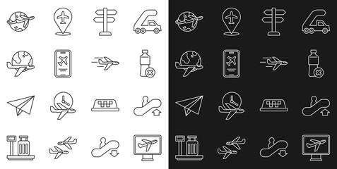 Set line Plane, Escalator up, No water bottle, Road traffic sign, Mobile with ticket, Globe flying plane, and icon. Vector