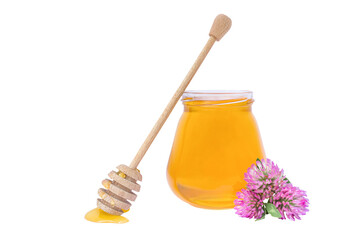 fresh bee honey on a white background with clover flowers