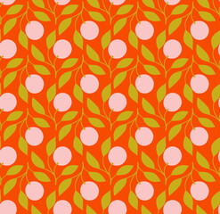 Retro Style Repeat Pattern With Fruit On Branch Motifs. Pink Fruit Branch In A Seamless Repeat Patten.