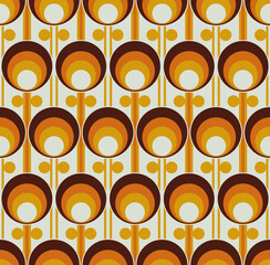Retro Scandinavian Geometric Floral Pattern. 1970s Mid Century Modern Style Geometric Flowers In A Retro Color Palette With Shades Of Brow And Orange.
