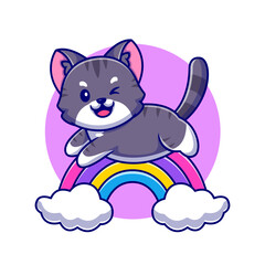 Cute Cat Jumping With Rainbow And Cloud Cartoon Vector Icon Illustration. Animal Nature Icon Concept Isolated Premium Vector. Flat Cartoon Style