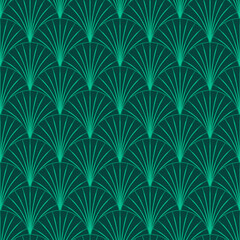 Elegant Art Deco Vintage Style Patten Design With Dark Emerald Green Fan Shaped Motifs In A Half Drop Repeat. Vector Seamless Repeat Pattern For Wallpaper, Textile, Home Décor, Interior Design.