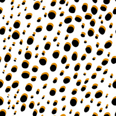 Retro 70s style funky dots seamless pattern. Black with brown animal print spots on white