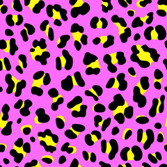 Retro 80s Fashion Style Leopard Print With Neon Yellow and Orchid Purple. Seamless Animal Print.