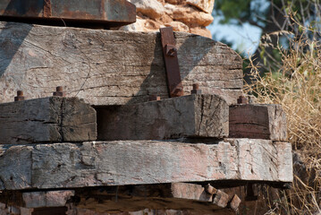 Athens, Greece / July 2022: Wine making facility ruins dating to 1875. Old wine press