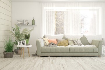 White living room with sofa. Scandinavian interior design. 3D illustration