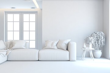 White minimalist living room with sofa. Scandinavian interior design. 3D illustration