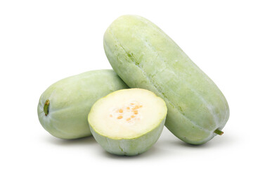 Winter melon (Benincasa hispida) with cut in half isolated on white background. Clipping path.