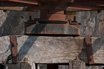 Athens, Greece / July 2022: Wine making facility ruins dating to 1875. Old wine press