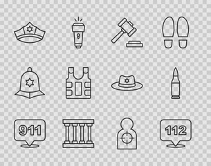 Set line Telephone call 911, 112, Judge gavel, Prison window, Police cap with cockade, Bulletproof vest, Human target sport for shooting and icon. Vector