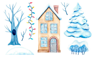 Winter watercolor set with a house, blue trees, snow-covered bushes and a fir tree, colorful garland. Hand-drawn illustration, elements for winter design.