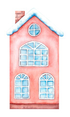 A two-story watercolor house with blue windows, a brick chimney, and a snow-covered roof. A hand-drawn winter illustration.