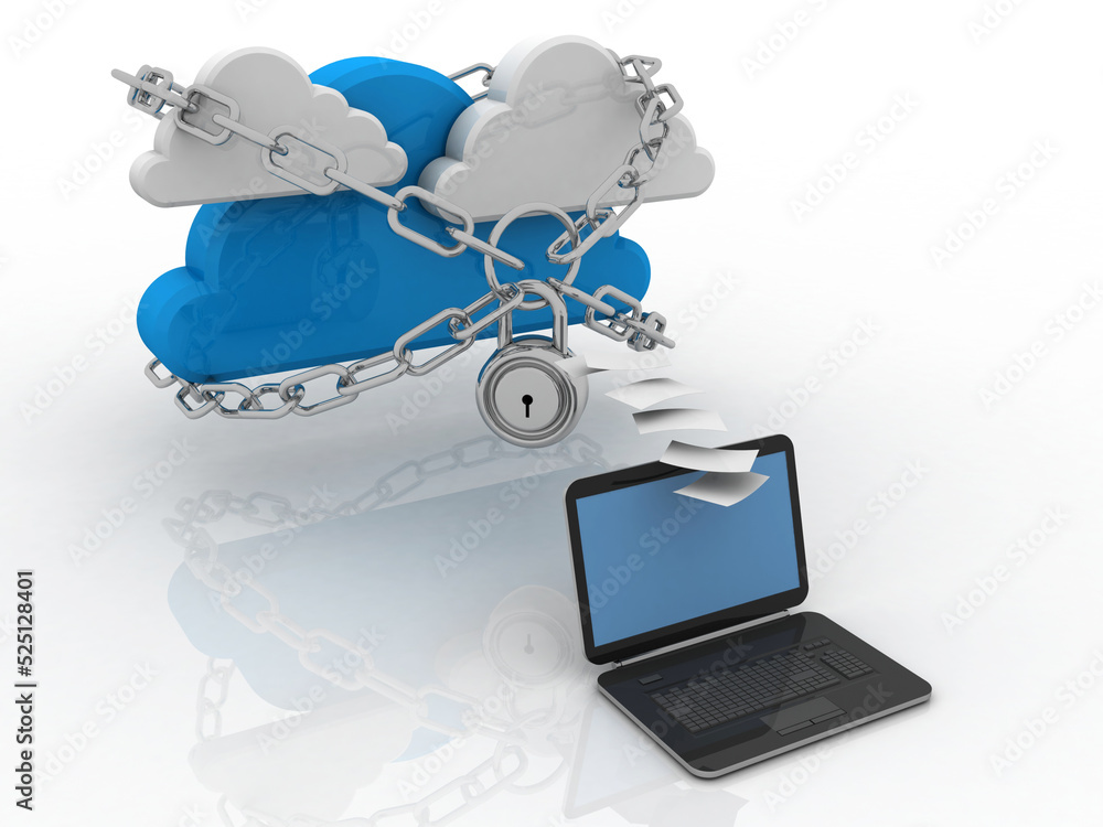 Poster 3d rendering laptop with cloud lock