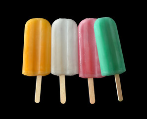 Colorful fruits popsicle ice cream on black background.